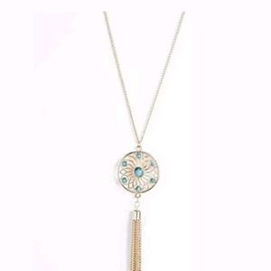 Gold dream catcher w/turquoise stones necklace